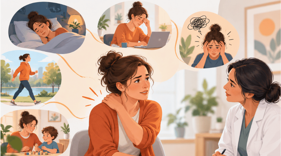 Vrouw met nek- en schouderpijn in gesprek met zorgprofessional over de invloed van pijn op haar dagelijks leven